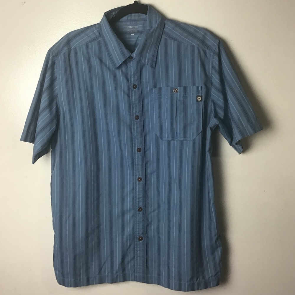 Marmot blue striped short sleeve button up shirt. Medium